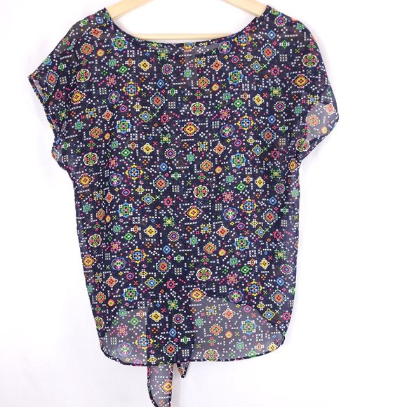 Mimi Chica Women's Multi-Colored Geometric Pattern Tie Up Blue Blouse Size Small - Picture 2 of 6